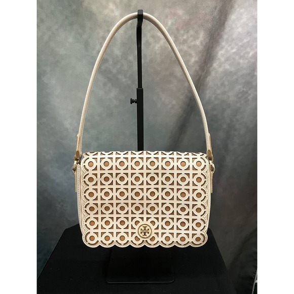 Tory Burch Shoulder Bag Ivory Leather Scalloped Laser Cut Saffiano Leather Purse - Picture 1 of 13
